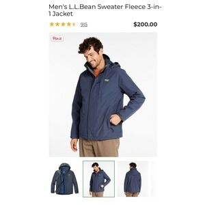 LL Bean Men's Sz LTall 3-in-1 Blue Water-Resistant Sweater Fleece Hooded Jacket